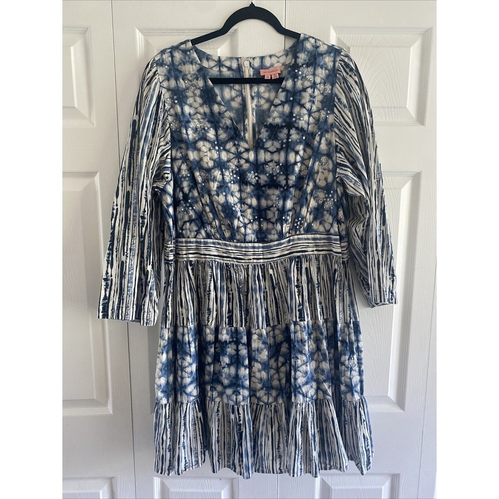 Not So Serious Tie Dye Tiered Mini Dress Womens Size 2X Blue Boho Sequin Cotton